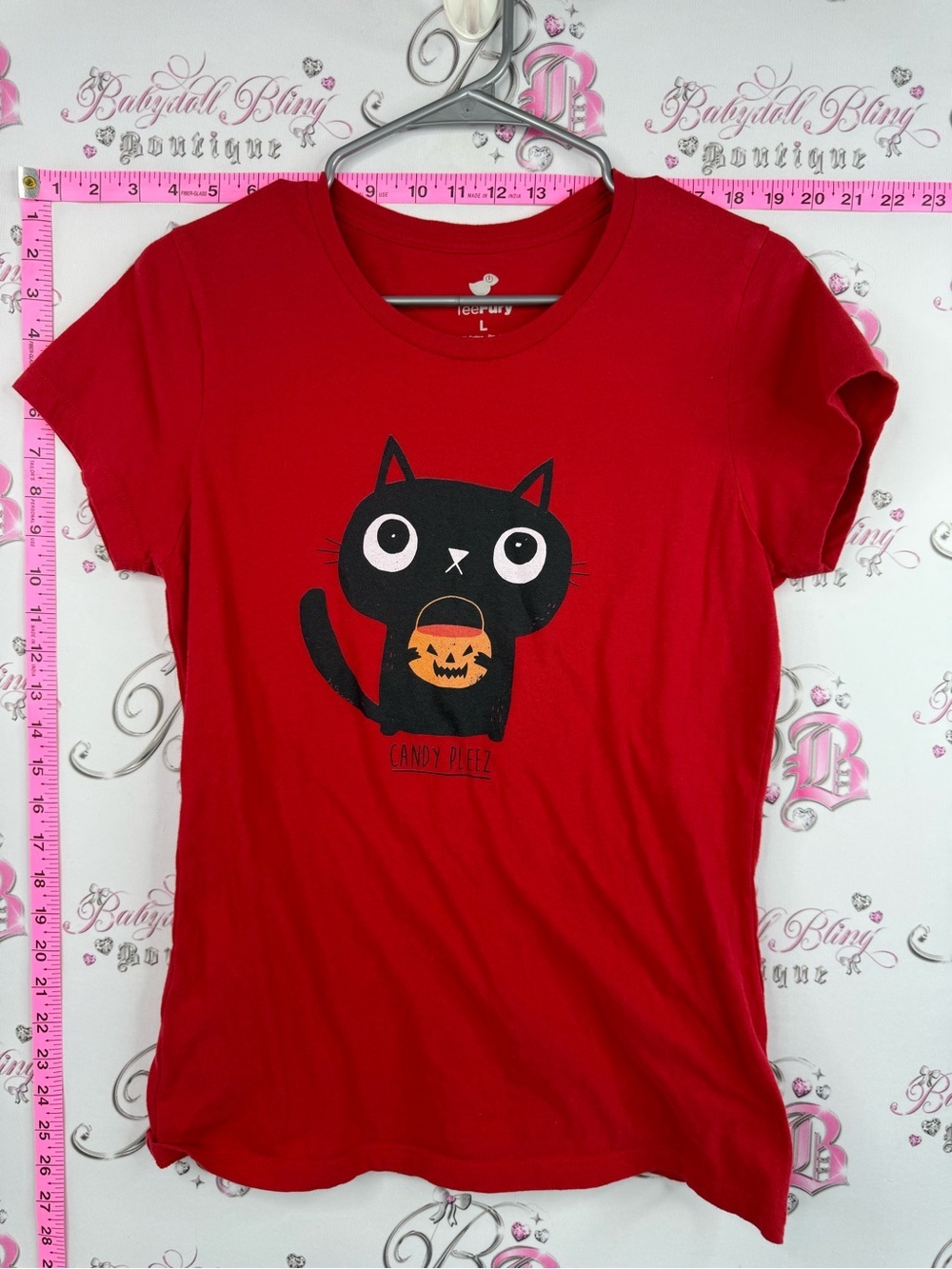 TeeFury Candy Pleez Red Halloween Cat Graphic Tee - Women’s Short Sleeve